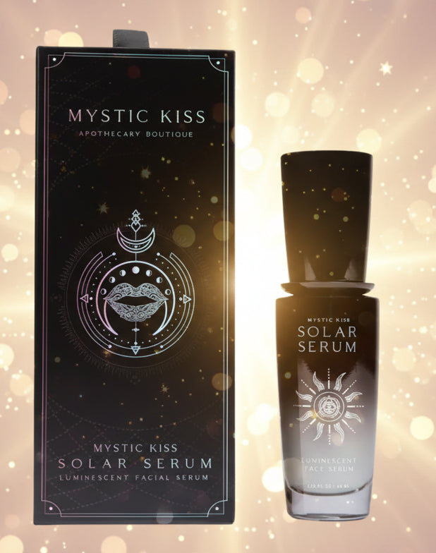 Mystic Kiss Solar Serum packaging with black bottle and box on a white background