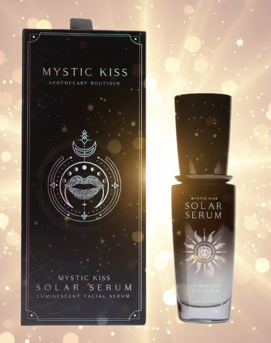 Mystic Kiss Solar Serum packaging with black bottle and box on a white background