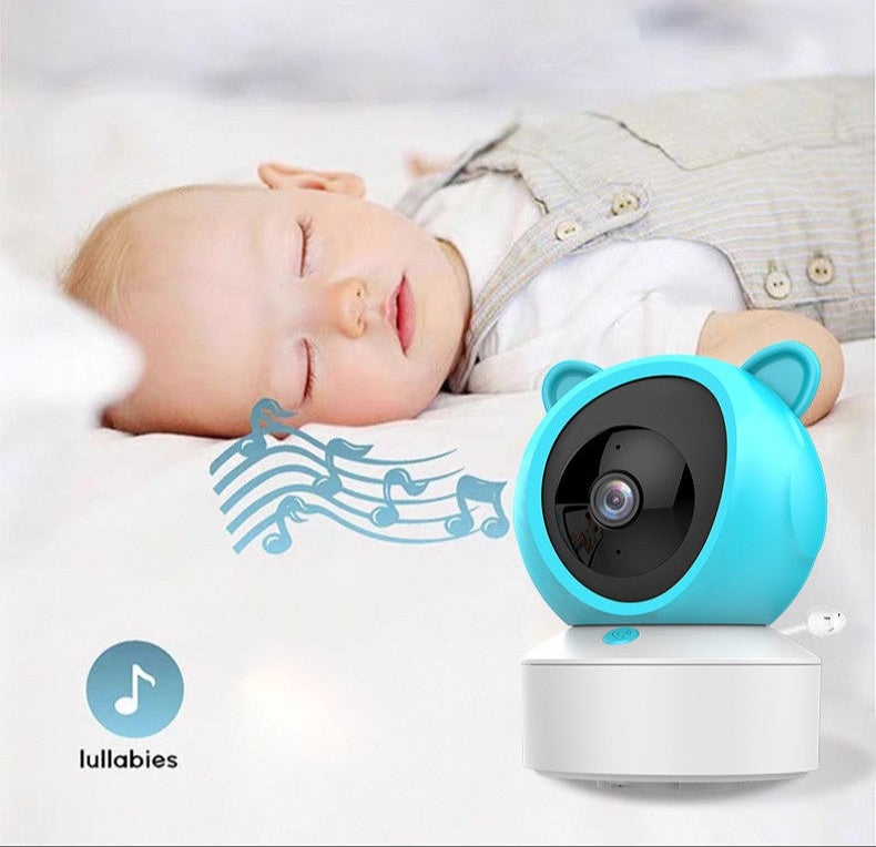 Baby sleeping with a blue and white device featuring lullabies music on a light gray background.