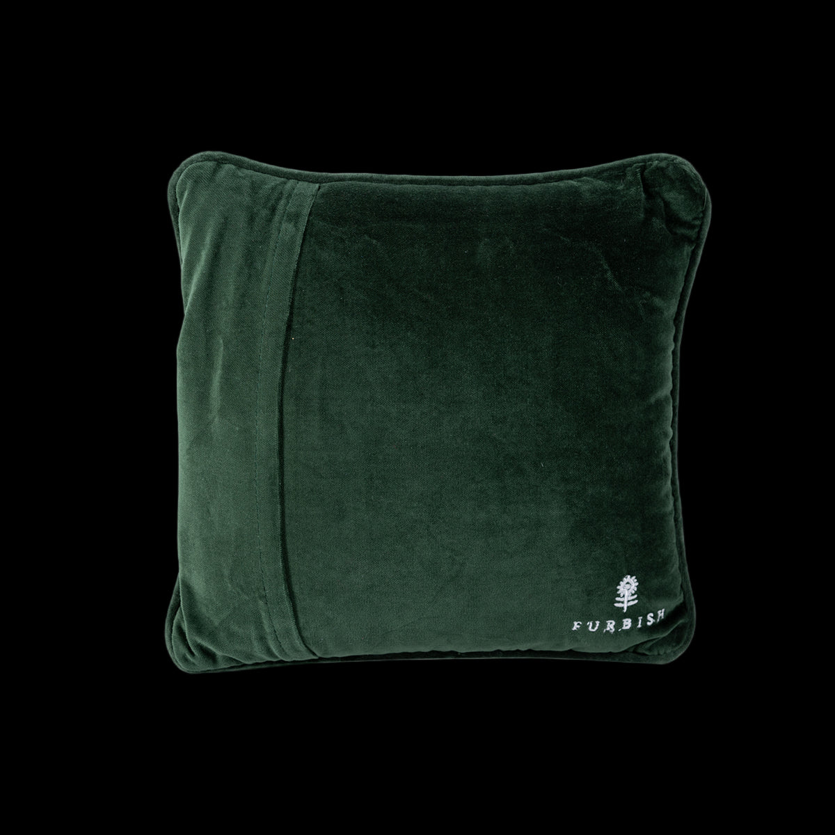 Green pillow with 'Furnish' branding on a white background