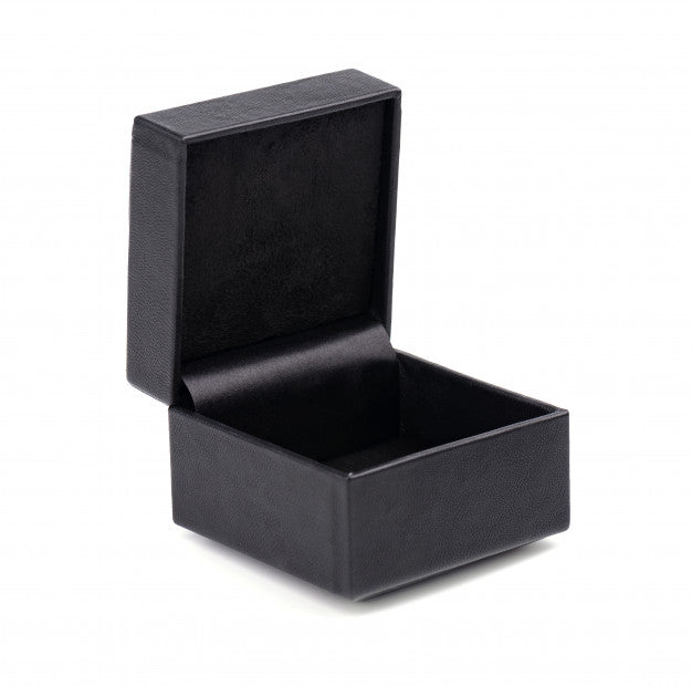 Black jewelry box with open lid on a white background