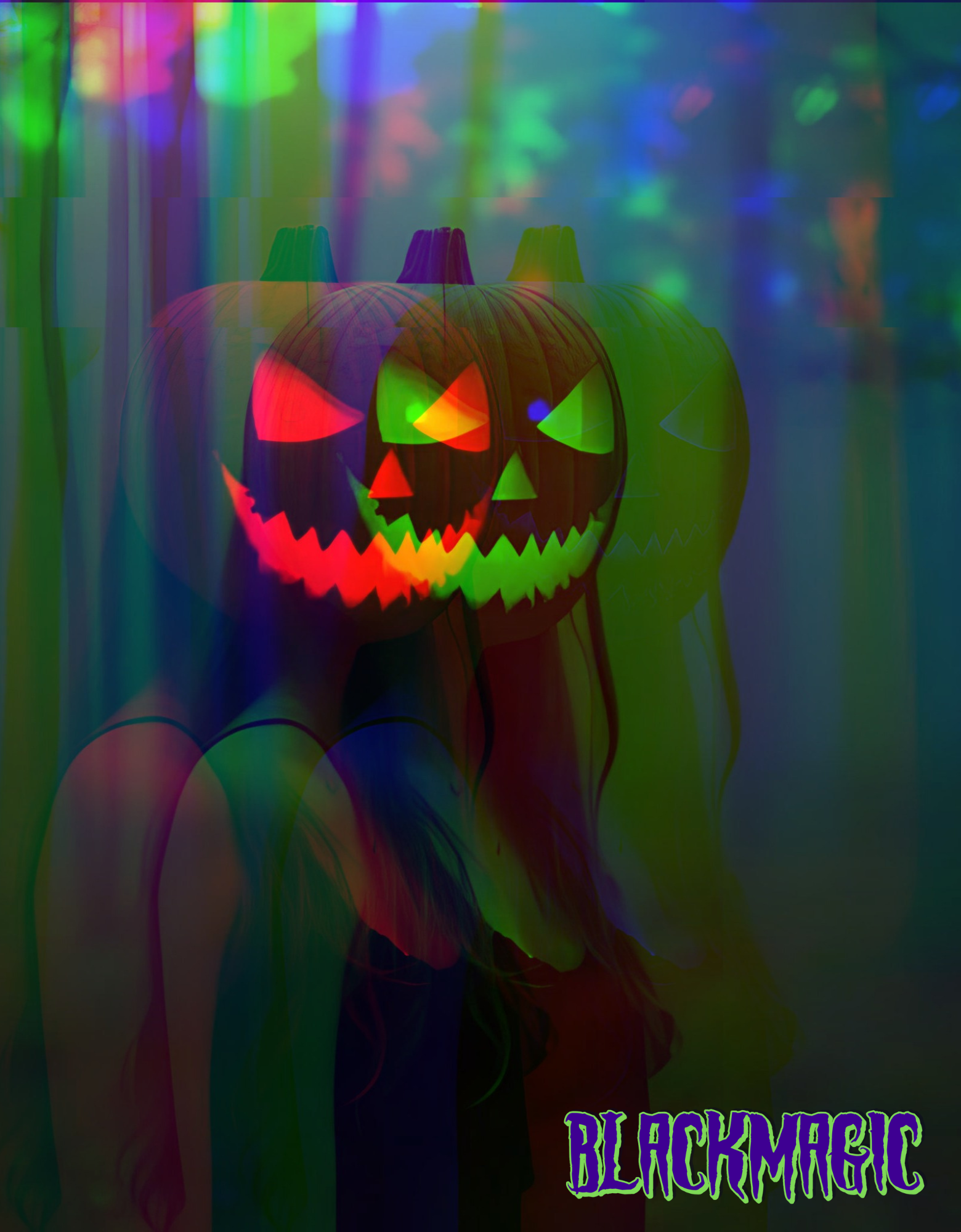 Person wearing a colorful glowing pumpkin mask with 'Blackmagic' branding.