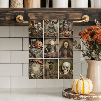 Collage of vintage-style Halloween-themed images on a wooden surface with decorative elements.