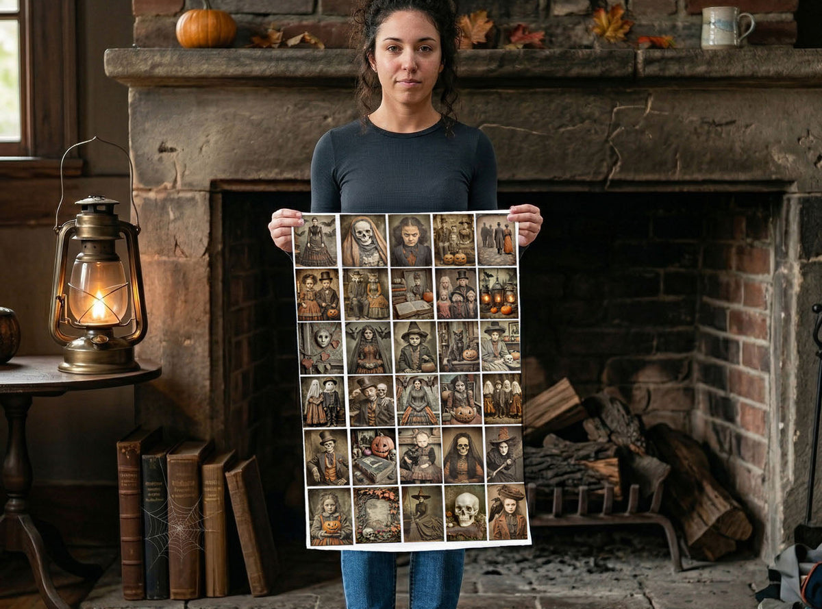 Person holding a collage of small images in front of a fireplace with autumn decorations.