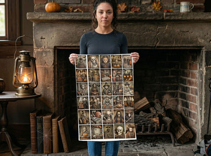 Person holding a collage of small images in front of a fireplace with autumn decorations.