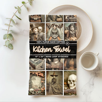 Kitchen towel packaging with vintage-style images on a marble surface with a cup and plant.