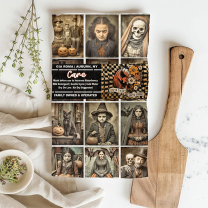 Wooden paddle with vintage-style portrait collage on a white surface with plants and fabric.