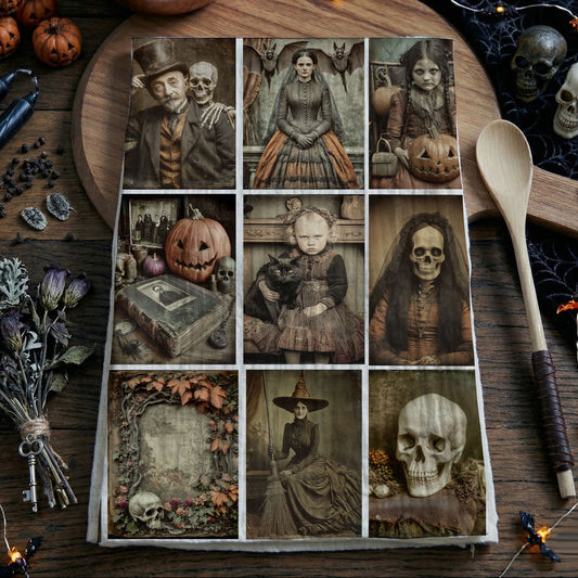 Collage of vintage-style Halloween-themed images on a wooden surface with pumpkins and a spoon.