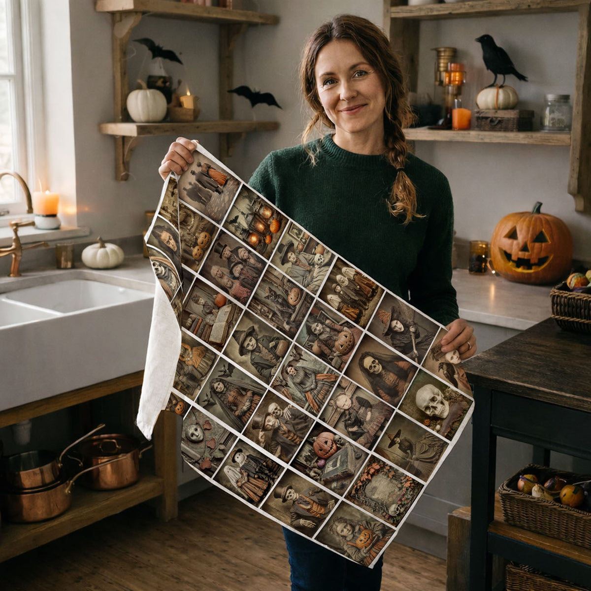 Woman holding a large quilt with Halloween-themed patterns in a kitchen.