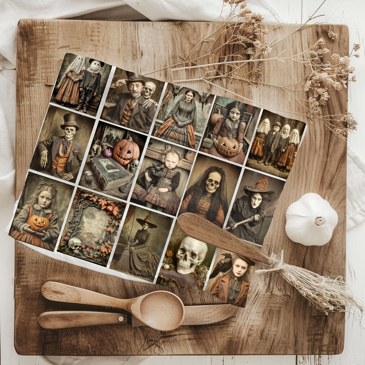Collage of vintage-style Halloween-themed images on a wooden board with a broom and pumpkin.
