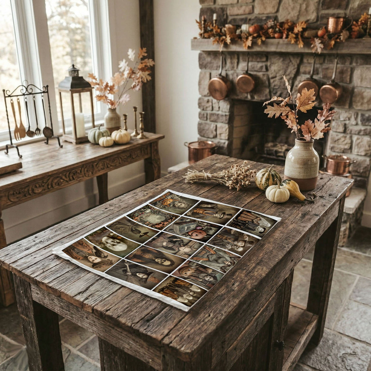 Wooden table with decorative items in a cozy room with a fireplace.