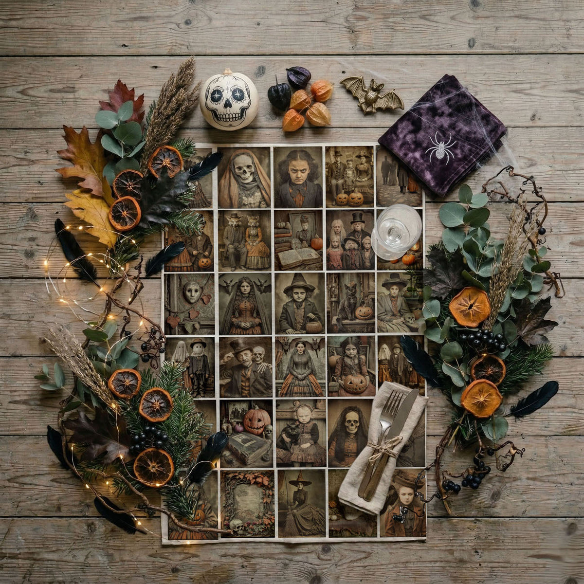 Decorative calendar with vintage-style portraits and Halloween-themed elements on a wooden surface.