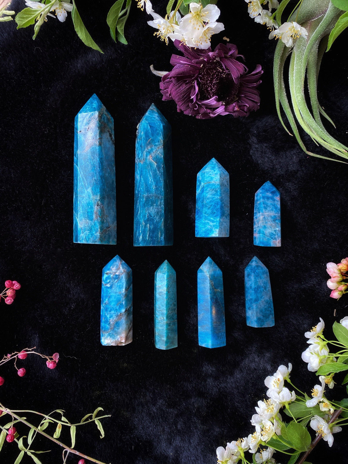 Blue crystal points on a dark surface with flowers around