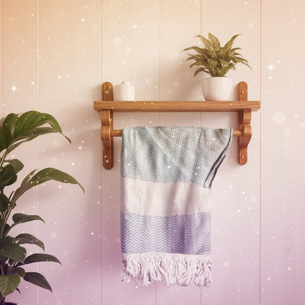 Towel with blue and white pattern hanging on a wooden shelf against a light wooden panel wall.