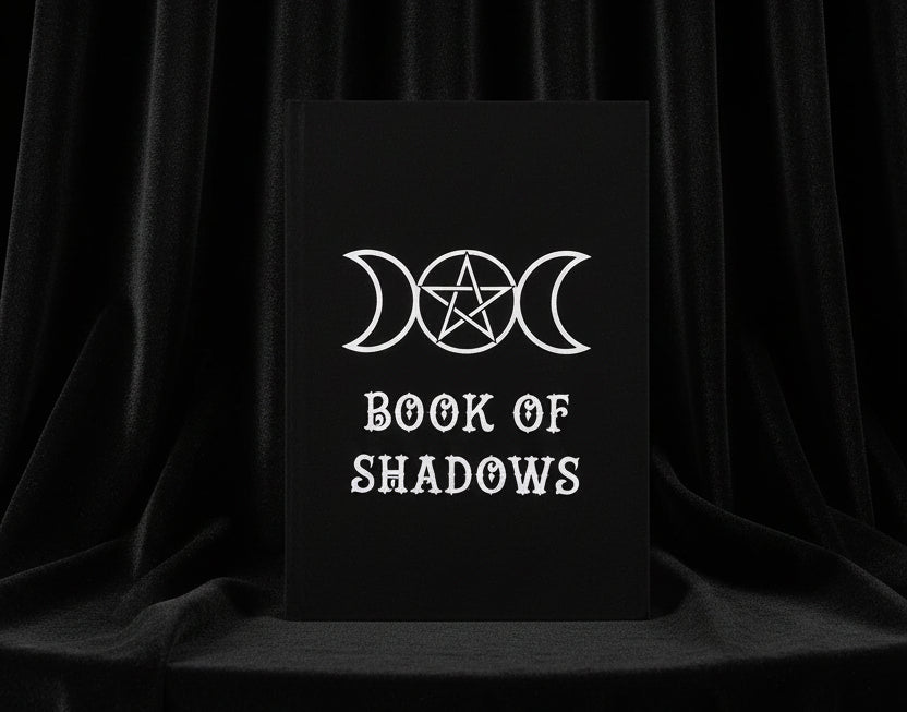Black book cover with white 'Book of Shadows' text and triple moon symbol on a white background