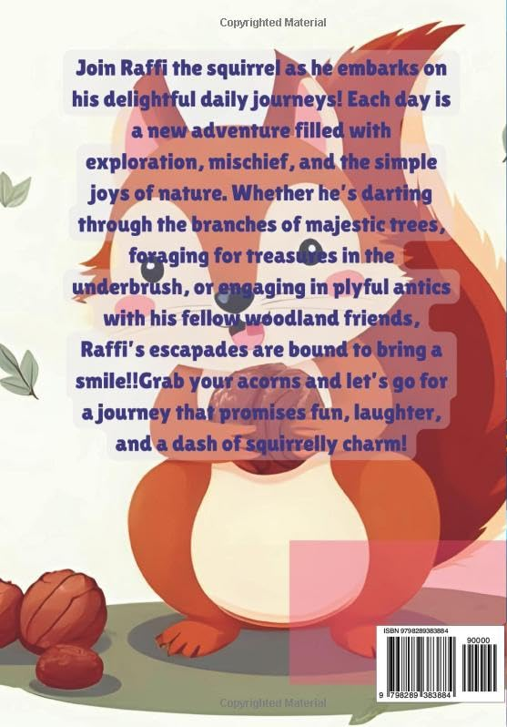 Back cover of a book with a cartoon squirrel and text about Raffi's daily adventures.