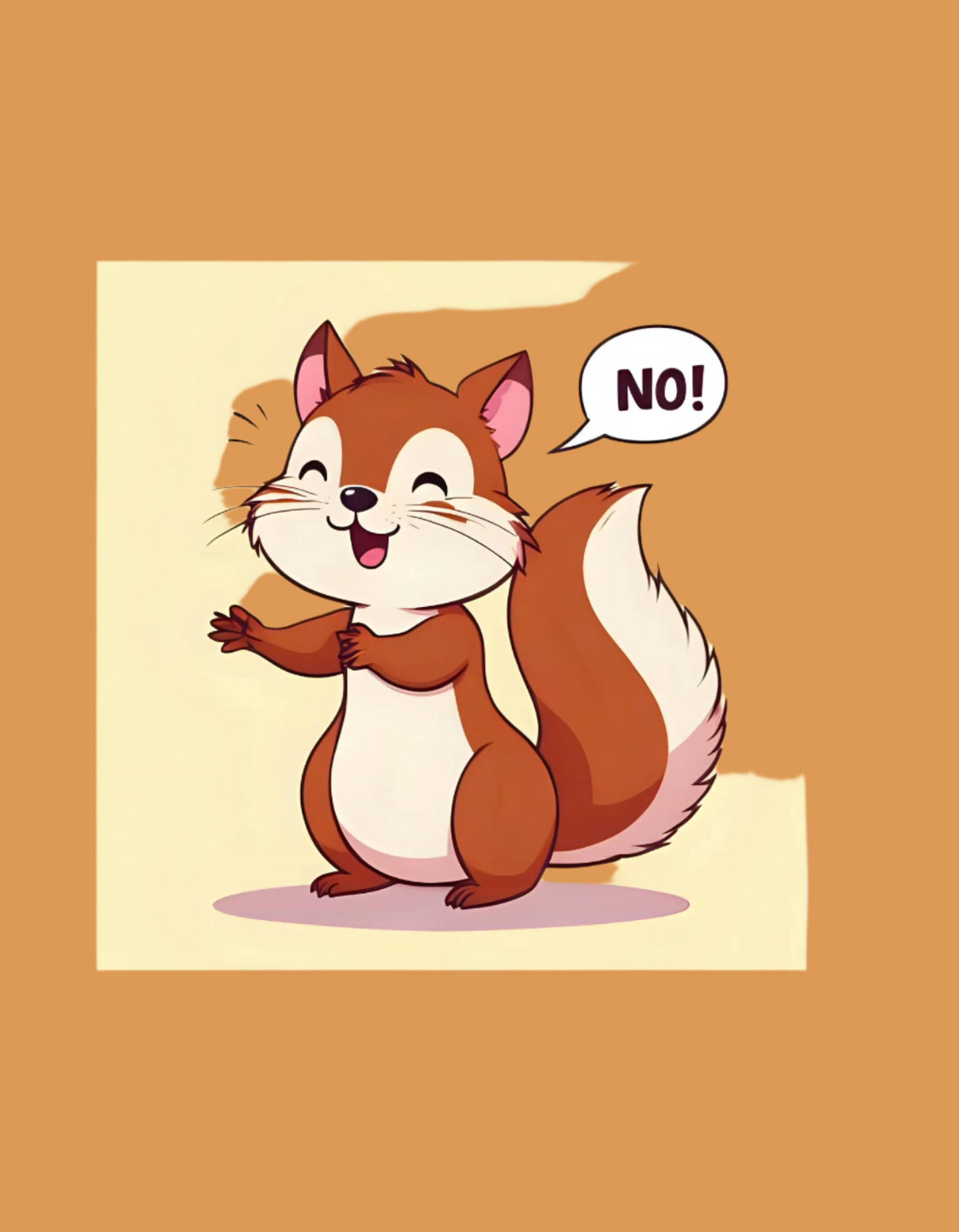 Cartoon squirrel with a 'NO!' speech bubble on a yellow background