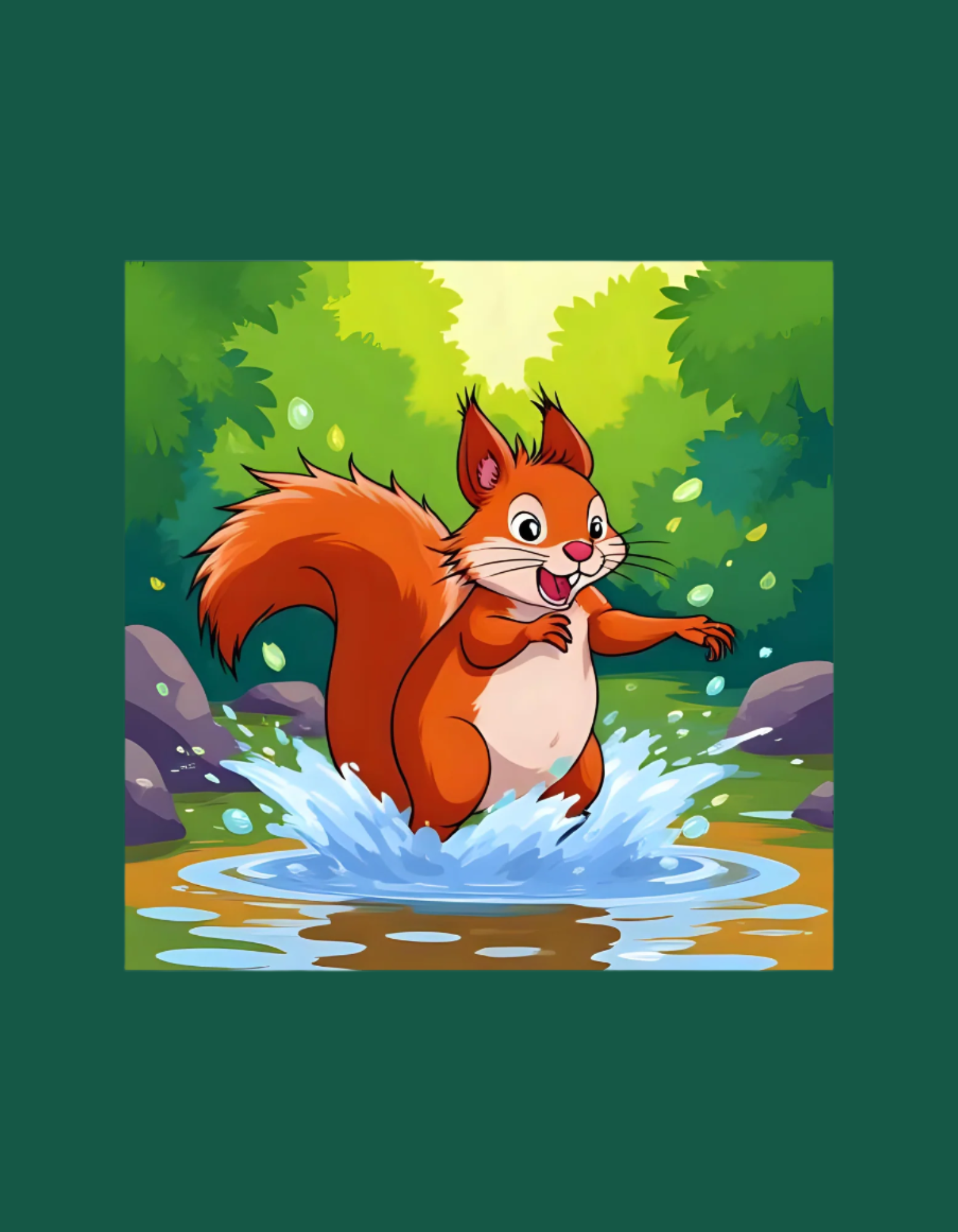 Cartoon squirrel jumping into water with a green forest background