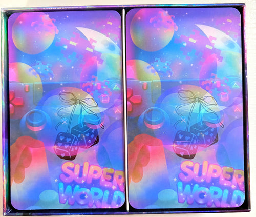 Colorful holographic packaging with 'Super World' branding on a white background