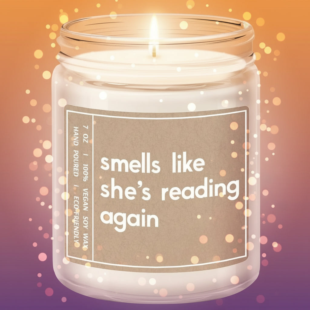 Candle in a glass jar with a brown label on a white background