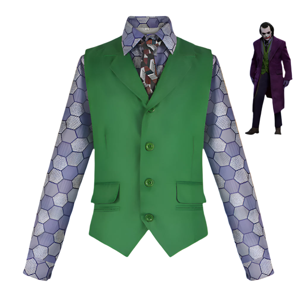 Green vest with patterned shirt and small figure of a character in purple suit on white background