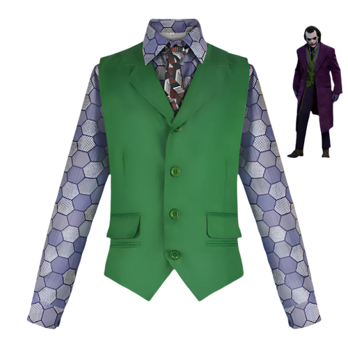 Green vest with patterned shirt and small figure of a character in purple suit on white background
