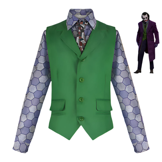 Green vest with patterned shirt and small figure of a character in purple suit on white background