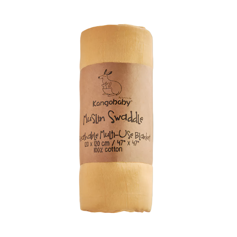 Mustard yellow swaddle blanket with brown label on a white background