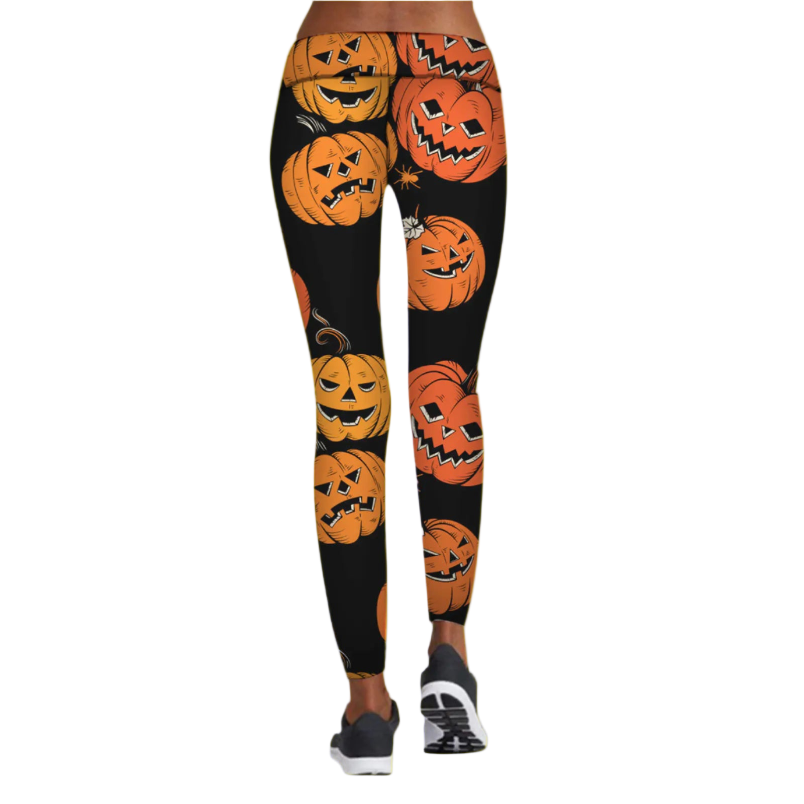 Black leggings with orange pumpkin pattern on a white background