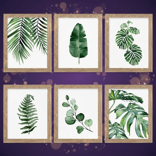 Set of six framed botanical prints with green leaves on a white background