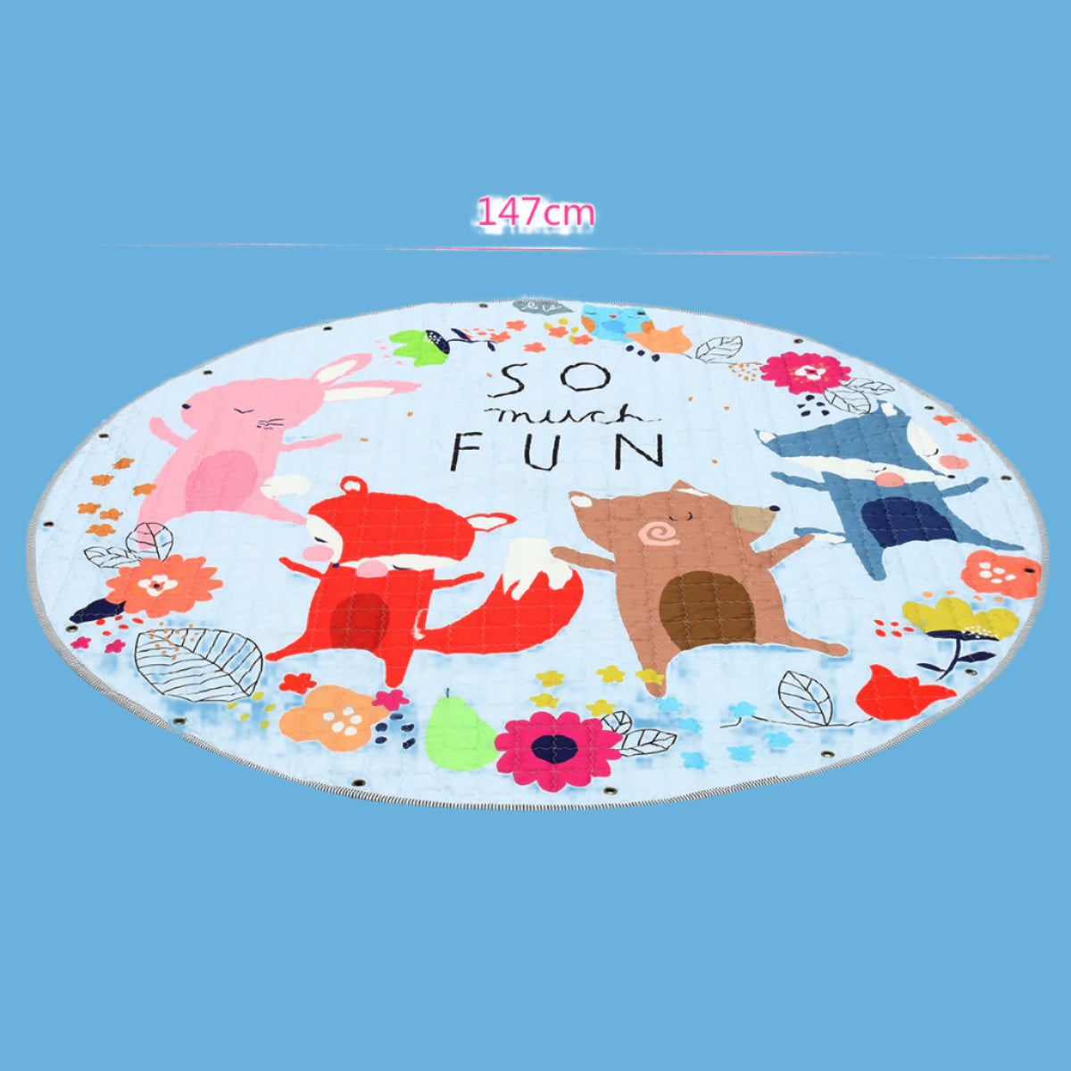 Round children's play mat with cartoon animals and flowers, size indicated as 147cm.