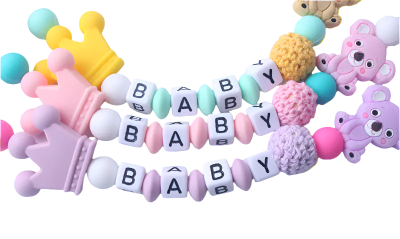 Colorful baby teething necklace with letters spelling 'BABY' on a white background