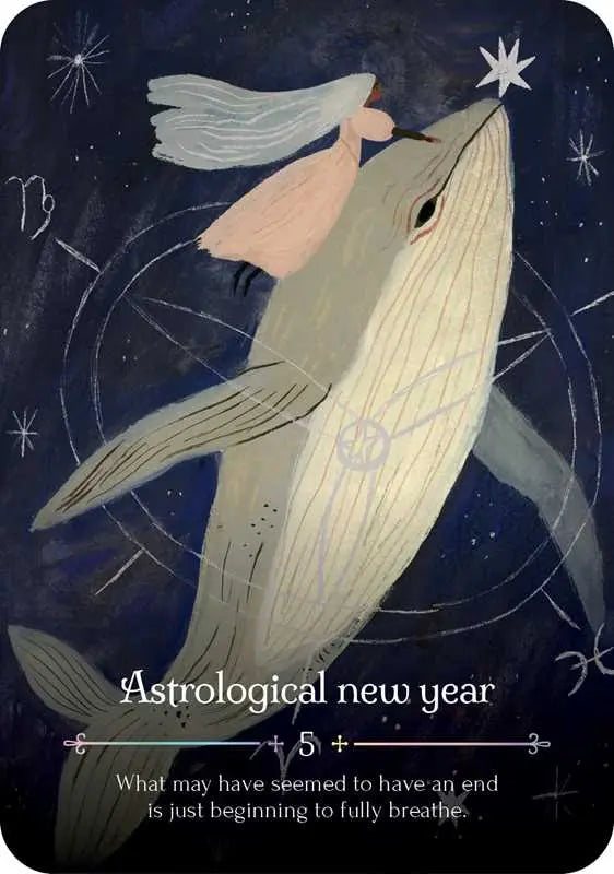 Illustration of a woman riding a whale with astrological symbols and text about an astrological new year.