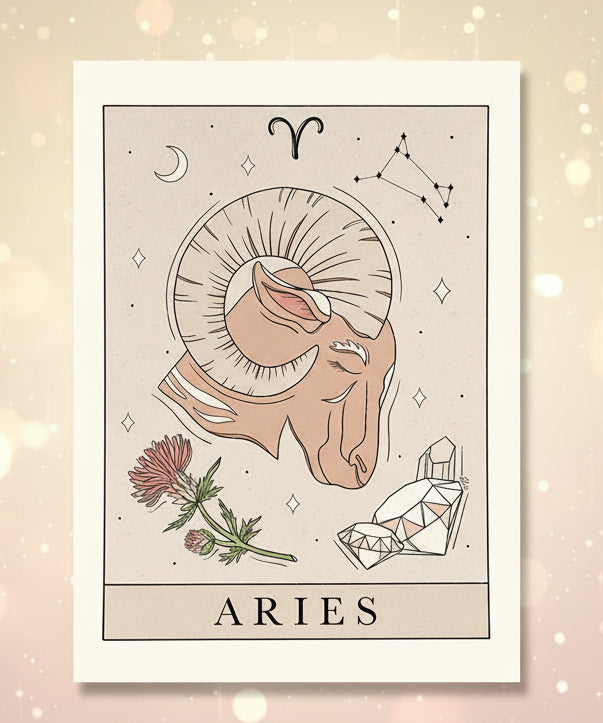 Aries zodiac card with astrological symbols and elements on a beige background