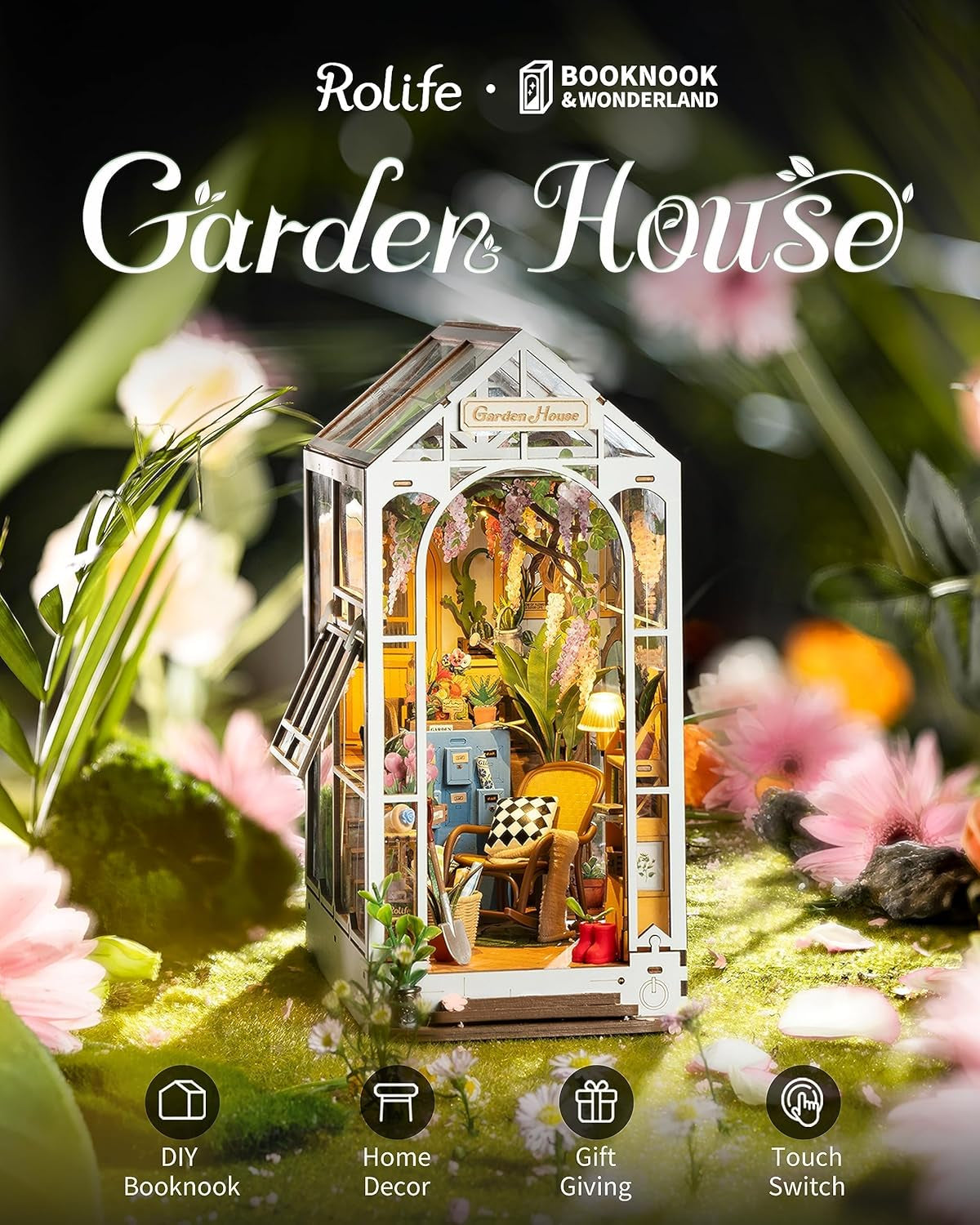 Garden House model with Rolife branding, surrounded by flowers and plants.