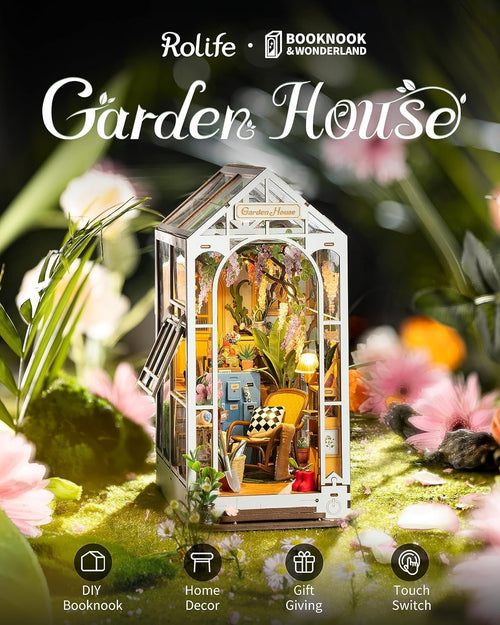 Garden House model with Rolife branding, surrounded by flowers and plants.