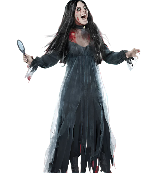 Person in a dark, eerie costume holding a mirror on a white background