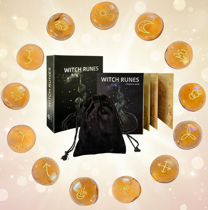 Witch Runes set with rune stones, guidebook, and drawstring bag on a white background