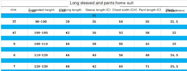 Size chart for long-sleeved and pants home suit with measurements in centimeters.