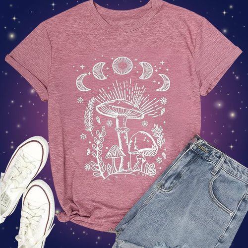 Pink t-shirt with white mushroom design, paired with denim shorts and white sneakers on a white background