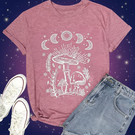 Pink t-shirt with white mushroom design, paired with denim shorts and white sneakers on a white background