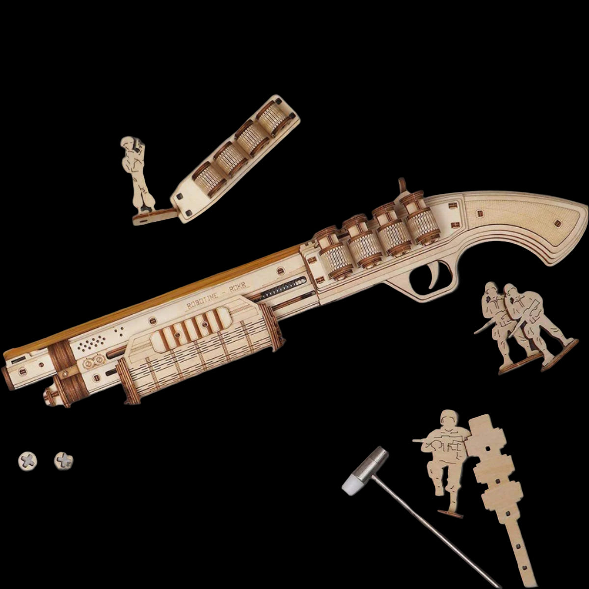 Wooden model kit of a gun with accessories on a gray background, labeled 'Terminator M870'.