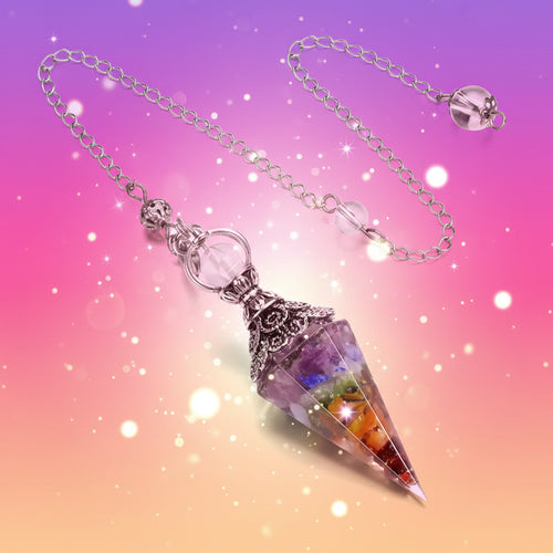Multicolored crystal pendant on a silver chain against a white background