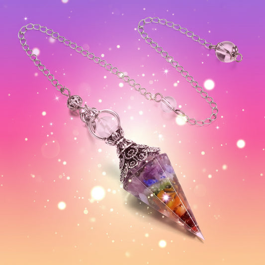 Multicolored crystal pendant on a silver chain against a white background