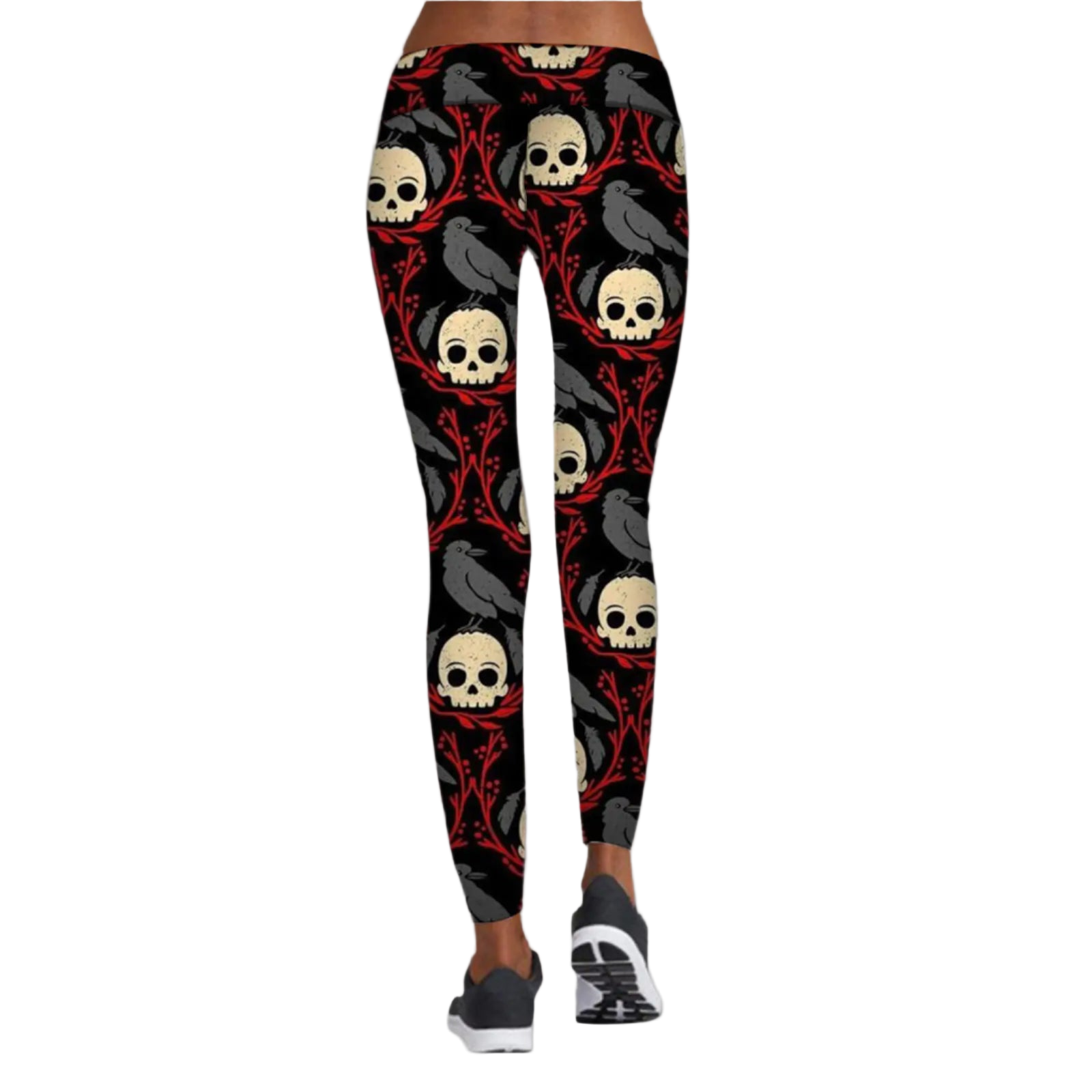 Leggings with skull and crow pattern on a white background