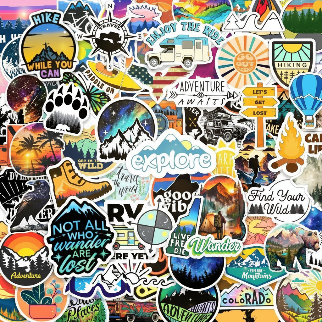 Collection of various outdoor-themed stickers with scenic and nature-related designs.
