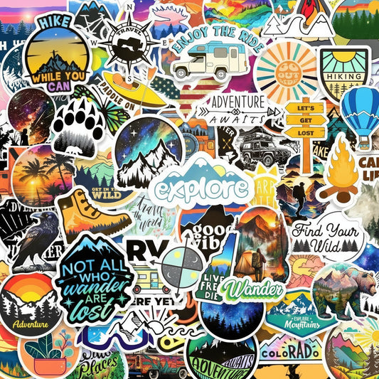 Collection of various outdoor-themed stickers with scenic and nature-related designs.