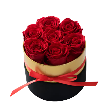 Black box with red roses and a red ribbon on a light gray background