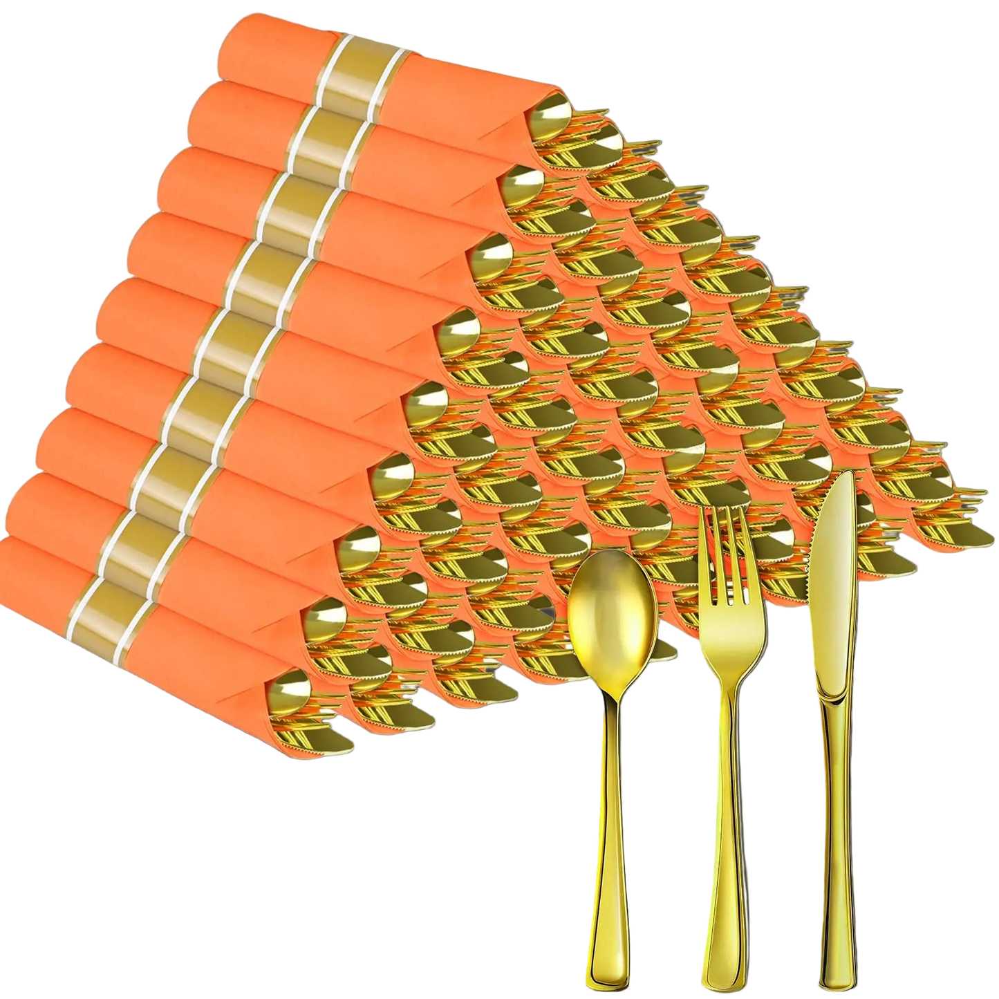 Gold cutlery set with orange napkins on a white background