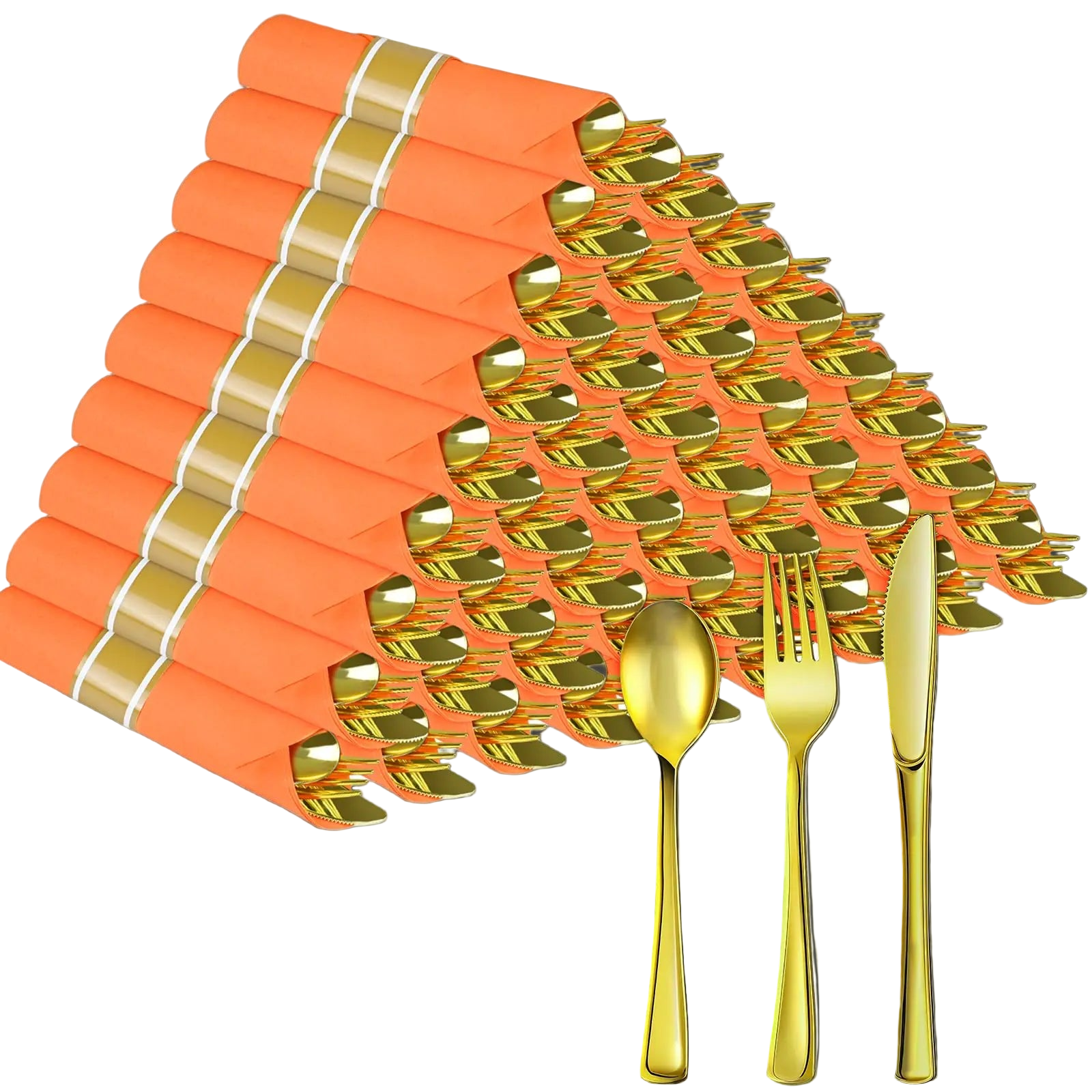 Gold cutlery set with orange napkins on a white background